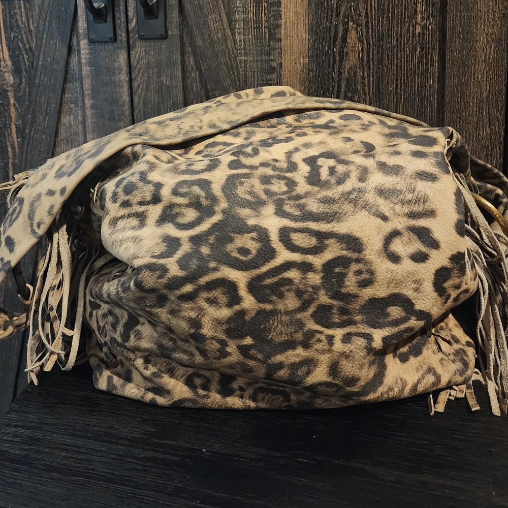 Leather Leopard Print Fringe Women's Bag